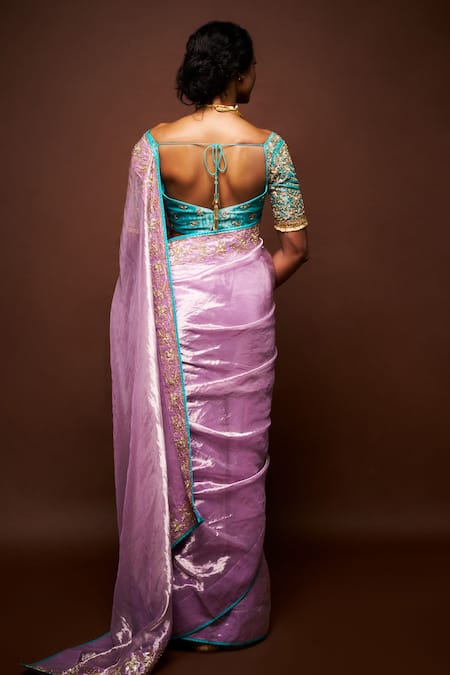 Shop Issa Studio By Chetana & Swathi Purple Tissue Pearls, Cut Work Varaali Contrast Piping Saree With Blouse at Aza Fashions Shop_Issa Studio By Chetana & Swathi_Purple Tissue Pearls, Cut Work Varaali Contrast Piping Saree With Blouse _at_Aza_Fashions
