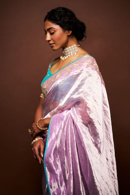 Issa Studio By Chetana & Swathi Purple Tissue Pearls, Cut Work Varaali Contrast Piping Saree With Blouse Online at Aza Fashions Issa Studio By Chetana & Swathi_Purple Tissue Pearls, Cut Work Varaali Contrast Piping Saree With Blouse _Online_at_Aza_Fashions