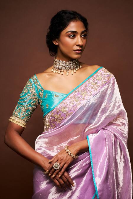 Buy Issa Studio By Chetana & Swathi Purple Tissue Pearls, Cut Work Varaali Contrast Piping Saree With Blouse Online at Aza Fashions Buy_Issa Studio By Chetana & Swathi_Purple Tissue Pearls, Cut Work Varaali Contrast Piping Saree With Blouse _Online_at_Aza_Fashions