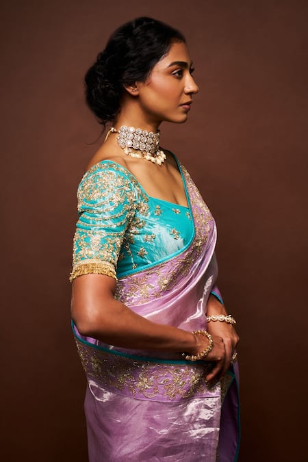 Shop Issa Studio By Chetana & Swathi Purple Tissue Pearls, Cut Work Varaali Contrast Piping Saree With Blouse Online at Aza Fashions Shop_Issa Studio By Chetana & Swathi_Purple Tissue Pearls, Cut Work Varaali Contrast Piping Saree With Blouse _Online_at_Aza_Fashions