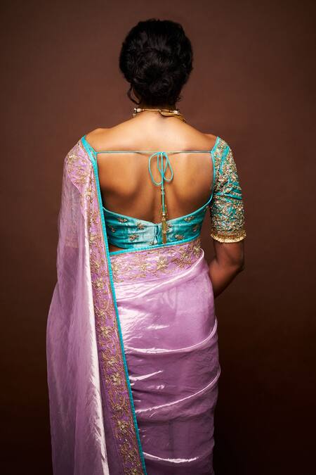 Issa Studio By Chetana & Swathi Purple Tissue Pearls, Cut Work Varaali Contrast Piping Saree With Blouse at Aza Fashions Issa Studio By Chetana & Swathi_Purple Tissue Pearls, Cut Work Varaali Contrast Piping Saree With Blouse _at_Aza_Fashions