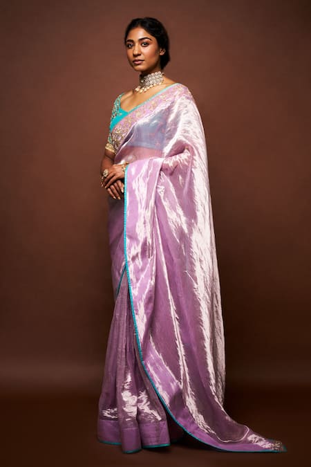 Buy Issa Studio By Chetana & Swathi Purple Tissue Pearls, Cut Work Varaali Contrast Piping Saree With Blouse Buy_Issa Studio By Chetana & Swathi_Purple Tissue Pearls, Cut Work Varaali Contrast Piping Saree With Blouse