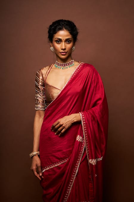 Buy_Issa Studio By Chetana & Swathi_Maroon Tissue, Silk Pearls, Embroidery, Sequins Asymmetric Saree Set _Online_at_Aza_Fashions