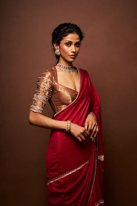 Shop_Issa Studio By Chetana & Swathi_Maroon Tissue, Silk Pearls, Embroidery, Sequins Asymmetric Saree Set _Online_at_Aza_Fashions