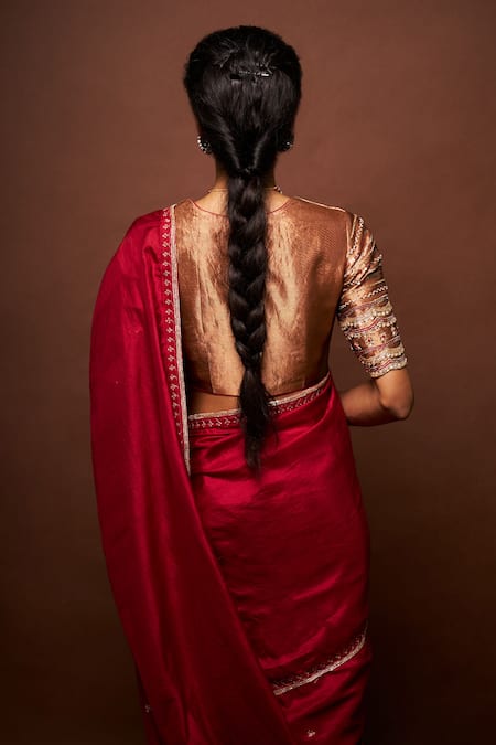 Buy_Issa Studio By Chetana & Swathi_Maroon Tissue, Silk Pearls, Embroidery, Sequins Asymmetric Saree Set 