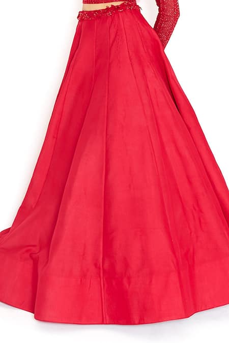 Issa Studio By Chetana & Swathi_Red Net, Viscose, Satin Crystals, Beads, Victoria Applique Blouse With Lehenga_Online_at_Aza_Fashions