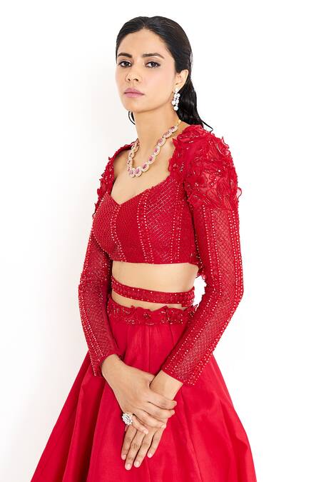 Buy_Issa Studio By Chetana & Swathi_Red Net, Viscose, Satin Crystals, Beads, Victoria Applique Blouse With Lehenga_Online_at_Aza_Fashions