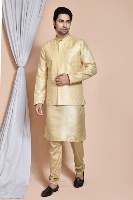 Arihant Rai Sinha Beige Silk Embroidery, Sequins Bullian Leaf Resham Bundi Set 