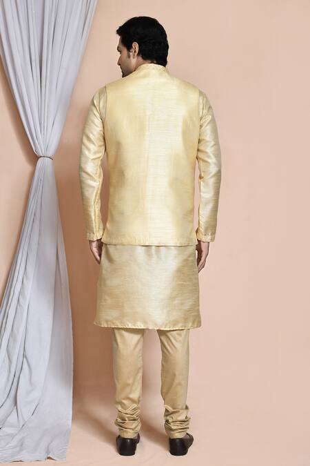 Shop_Arihant Rai Sinha_Beige Silk Embroidery, Sequins Bullian Leaf Resham Bundi Set _at_Aza_Fashions