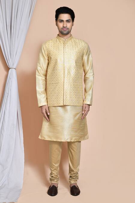 Buy_Arihant Rai Sinha_Beige Silk Embroidery, Sequins Bullian Leaf Resham Bundi Set _Online_at_Aza_Fashions