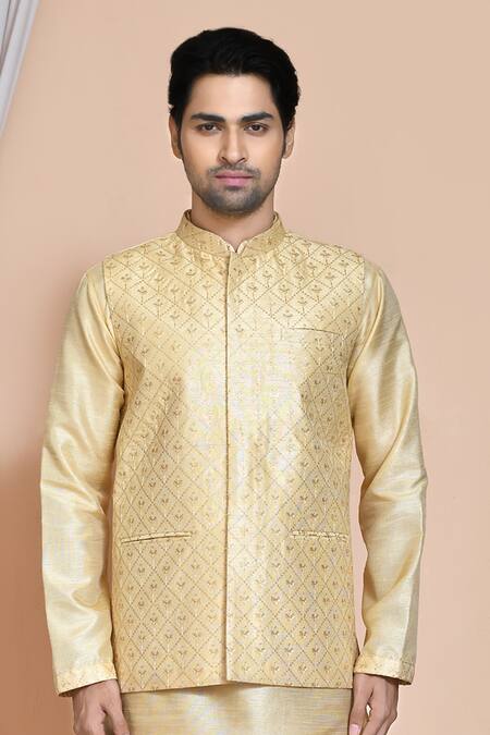 Shop_Arihant Rai Sinha_Beige Silk Embroidery, Sequins Bullian Leaf Resham Bundi Set _Online_at_Aza_Fashions
