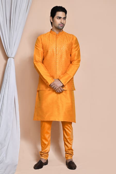 Aryavir Malhotra Orange Bundi And Kurta Art  Churidar Embroidery Clover Leaf Set 