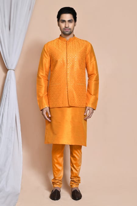 Buy_Arihant Rai Sinha_Orange Silk Embroidery, Sequins Resham Bundi Kurta Set _Online_at_Aza_Fashions