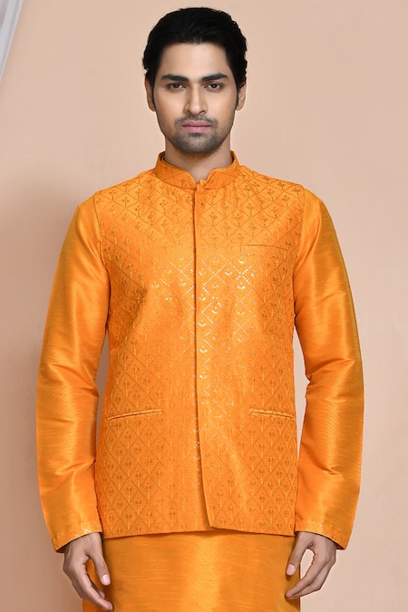 Shop Arihant Rai Sinha Orange Silk Embroidery, Sequins Resham Bundi Kurta Set Online at Aza Fashions Shop_Arihant Rai Sinha_Orange Silk Embroidery, Sequins Resham Bundi Kurta Set _Online_at_Aza_Fashions