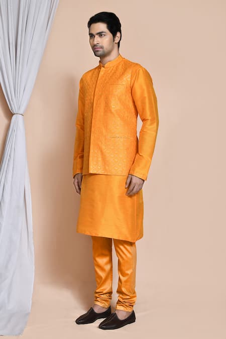 Arihant Rai Sinha_Orange Silk Embroidery, Sequins Resham Bundi Kurta Set _at_Aza_Fashions