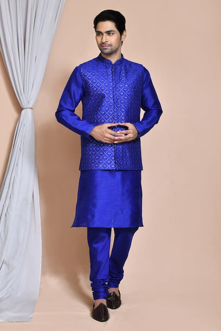 Arihant Rai Sinha Blue Silk Embroidery, Sequins Budding Bloom Bundi Kurta Set 