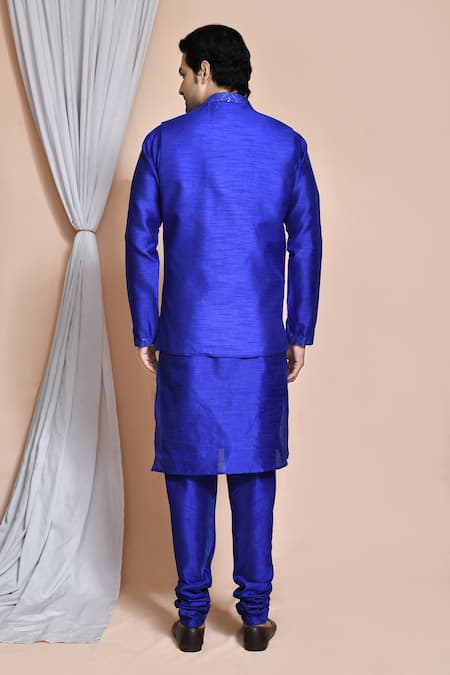 Shop_Arihant Rai Sinha_Blue Silk Embroidery, Sequins Budding Bloom Bundi Kurta Set _at_Aza_Fashions
