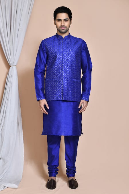 Buy_Arihant Rai Sinha_Blue Silk Embroidery, Sequins Budding Bloom Bundi Kurta Set _Online_at_Aza_Fashions