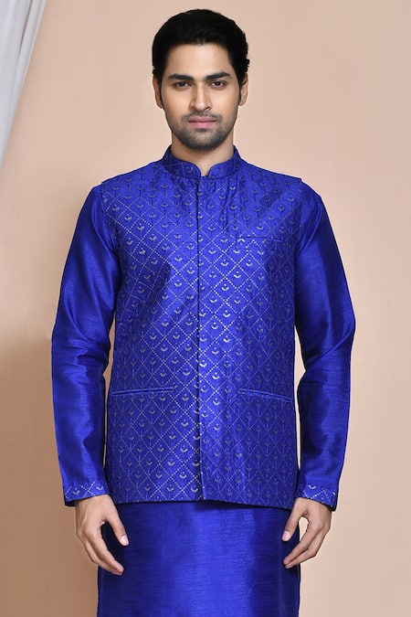 Shop_Arihant Rai Sinha_Blue Silk Embroidery, Sequins Budding Bloom Bundi Kurta Set _Online_at_Aza_Fashions