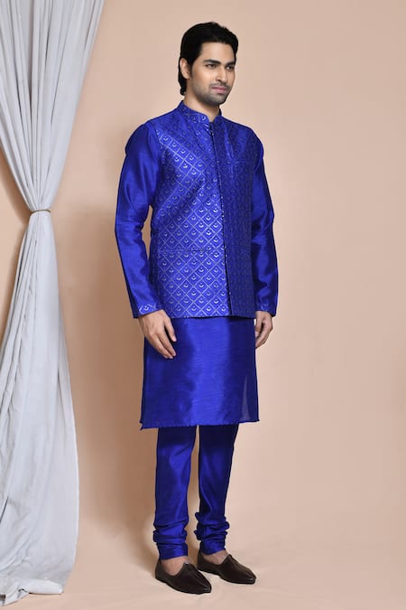 Arihant Rai Sinha_Blue Silk Embroidery, Sequins Budding Bloom Bundi Kurta Set _at_Aza_Fashions