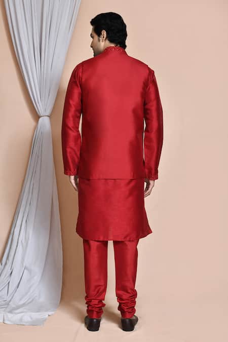 Shop_Arihant Rai Sinha_Maroon Silk Embroidery, Sequins Bud Bloom Resham Bundi Set _at_Aza_Fashions