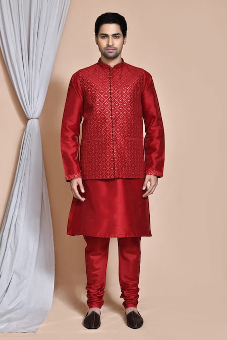Buy_Arihant Rai Sinha_Maroon Silk Embroidery, Sequins Bud Bloom Resham Bundi Set _Online_at_Aza_Fashions