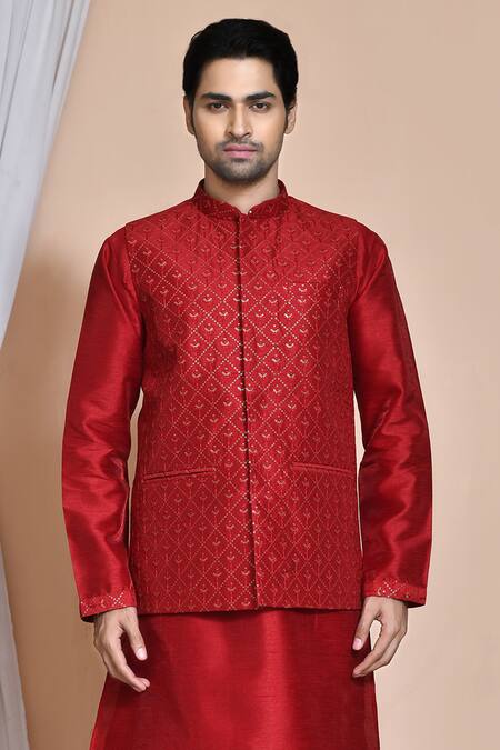 Shop_Arihant Rai Sinha_Maroon Silk Embroidery, Sequins Bud Bloom Resham Bundi Set _Online_at_Aza_Fashions