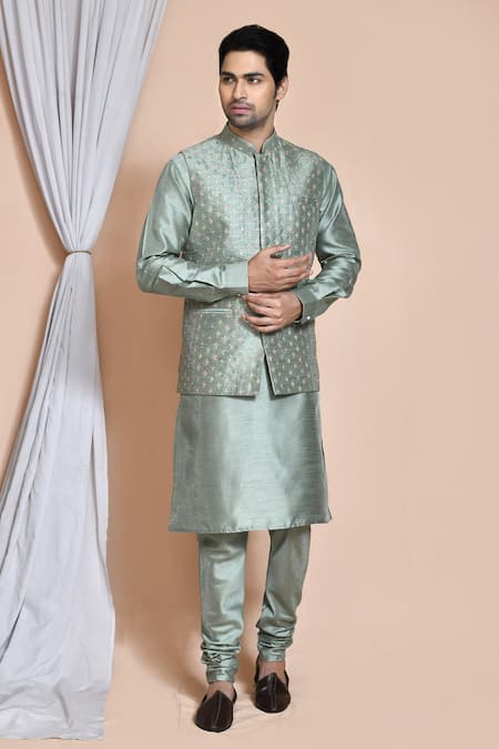 Aryavir Malhotra Green Bundi And Kurta Art  Churidar Embroidery Star Burst Set 