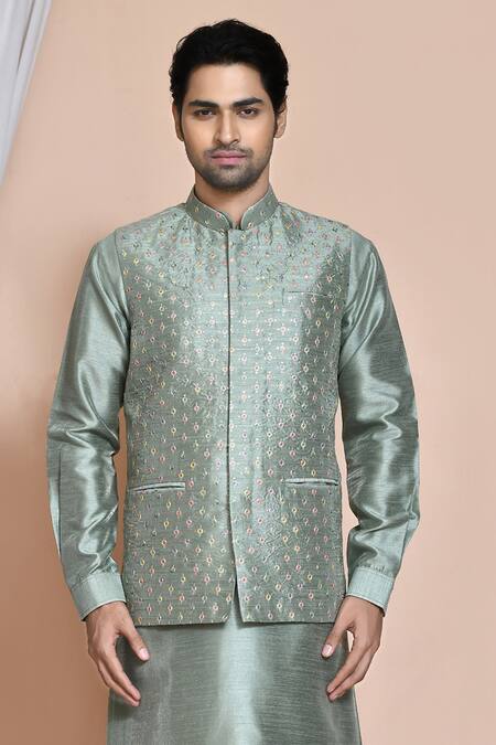 Buy_Arihant Rai Sinha_Green Silk Embroidery, Sequins Star Burst Bundi Set _Online_at_Aza_Fashions