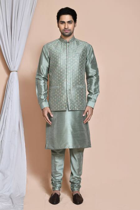 Shop_Arihant Rai Sinha_Green Silk Embroidery, Sequins Star Burst Bundi Set _Online_at_Aza_Fashions