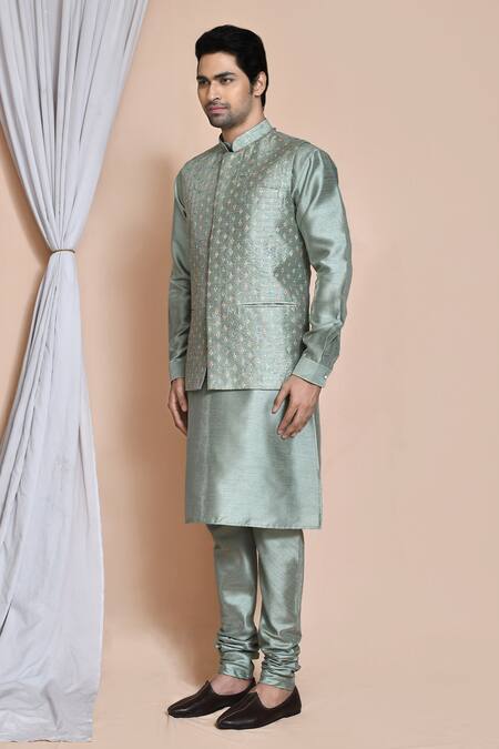 Arihant Rai Sinha_Green Silk Embroidery, Sequins Star Burst Bundi Set _at_Aza_Fashions