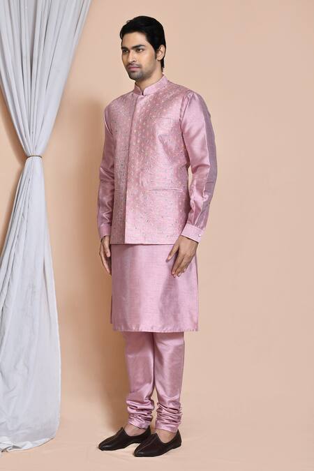 Shop_Arihant Rai Sinha_Pink Silk Embroidery, Sequins Helix Burst Bundi Kurta Set _Online_at_Aza_Fashions