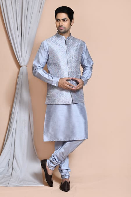 Aryavir Malhotra Grey Bundi And Kurta Art  Churidar Embroidery Sequin Jaal Set 