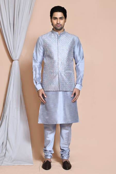 Buy_Arihant Rai Sinha_Gray Silk Embroidery, Sequins Jaal Bundi Kurta Set_Online_at_Aza_Fashions