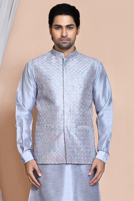 Shop_Arihant Rai Sinha_Gray Silk Embroidery, Sequins Jaal Bundi Kurta Set_Online_at_Aza_Fashions