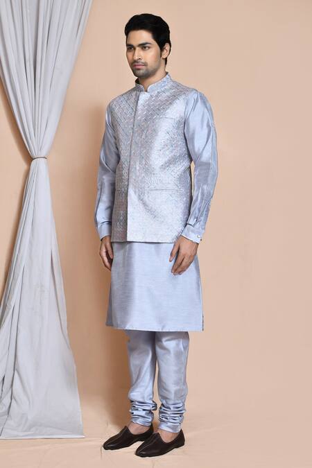 Arihant Rai Sinha_Gray Silk Embroidery, Sequins Jaal Bundi Kurta Set_at_Aza_Fashions