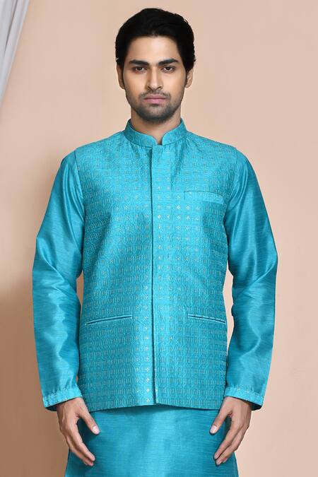 Shop_Arihant Rai Sinha_Blue , Satin Embroidery, Sequins Turquoise Bundi Kurta Set _Online_at_Aza_Fashions