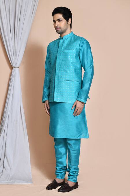 Arihant Rai Sinha_Blue , Satin Embroidery, Sequins Turquoise Bundi Kurta Set _at_Aza_Fashions
