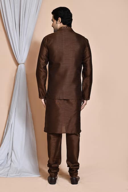 Shop_Arihant Rai Sinha_Brown , Satin Embroidery, Sequins Persian Jaal Bundi Kurta Set _at_Aza_Fashions