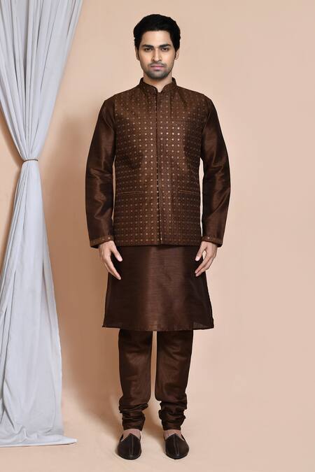 Buy_Arihant Rai Sinha_Brown , Satin Embroidery, Sequins Persian Jaal Bundi Kurta Set _Online_at_Aza_Fashions