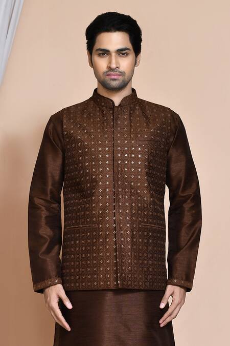 Shop Arihant Rai Sinha Brown , Satin Embroidery, Sequins Persian Jaal Bundi Kurta Set Online at Aza Fashions Shop_Arihant Rai Sinha_Brown , Satin Embroidery, Sequins Persian Jaal Bundi Kurta Set _Online_at_Aza_Fashions