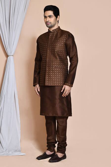 Arihant Rai Sinha_Brown , Satin Embroidery, Sequins Persian Jaal Bundi Kurta Set _at_Aza_Fashions