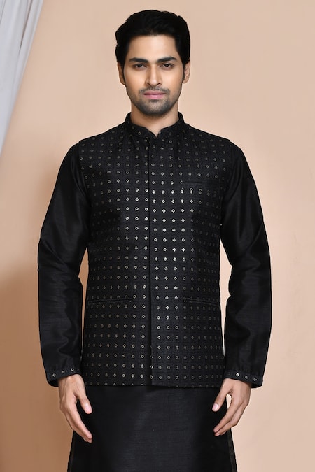 Arihant Rai Sinha_Black Silk Embroidery, Sequins Resham Bundi Kurta Set _at_Aza_Fashions