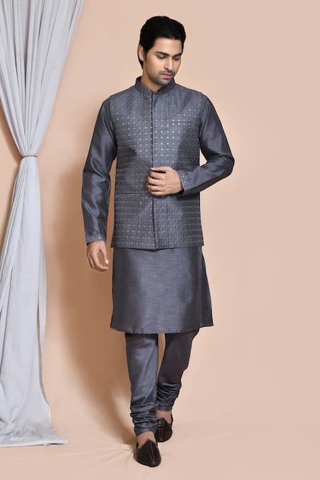 Aryavir Malhotra Grey Bundi And Kurta Art Silk Embroidery Sequin & Set 