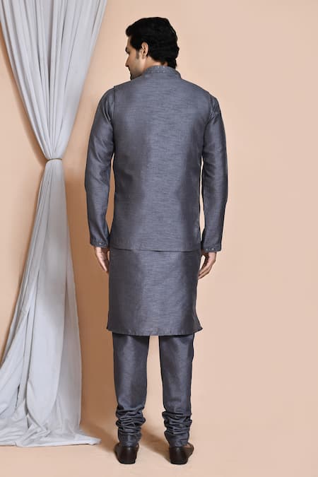 Shop_Arihant Rai Sinha_Gray Silk Sequins, Embroidery Grey Bundi And Kurta Set _at_Aza_Fashions