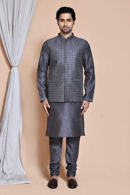Buy_Arihant Rai Sinha_Gray Silk Sequins, Embroidery Grey Bundi And Kurta Set _Online_at_Aza_Fashions