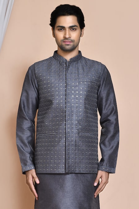 Shop_Arihant Rai Sinha_Gray Silk Sequins, Embroidery Grey Bundi And Kurta Set _Online_at_Aza_Fashions