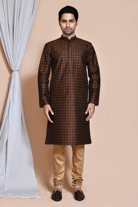 Buy_Arihant Rai Sinha_Brown Silk, Chanderi Sequins, Embroidery Thread Work Kurta Set_Online_at_Aza_Fashions