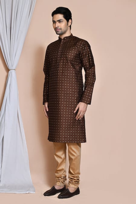 Arihant Rai Sinha_Brown Silk, Chanderi Sequins, Embroidery Thread Work Kurta Set_at_Aza_Fashions