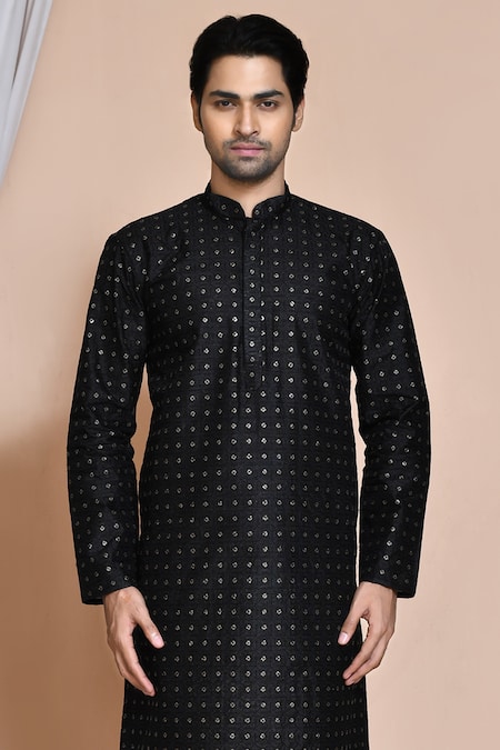 Shop_Arihant Rai Sinha_Black Silk, Chanderi Embroidery Checkered Kurta Set _Online_at_Aza_Fashions